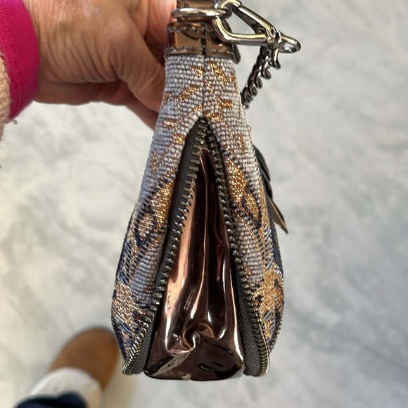 Sharif  Tapestry Satchel  navy/gold expanding bottom   velvety    gunmetal  NWOT - Picture 14 of 17